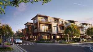 Dãy nhà phố thấp tầng buổi chiều tại khu đô thị Izumi City với cư dân đi bộ trên phố