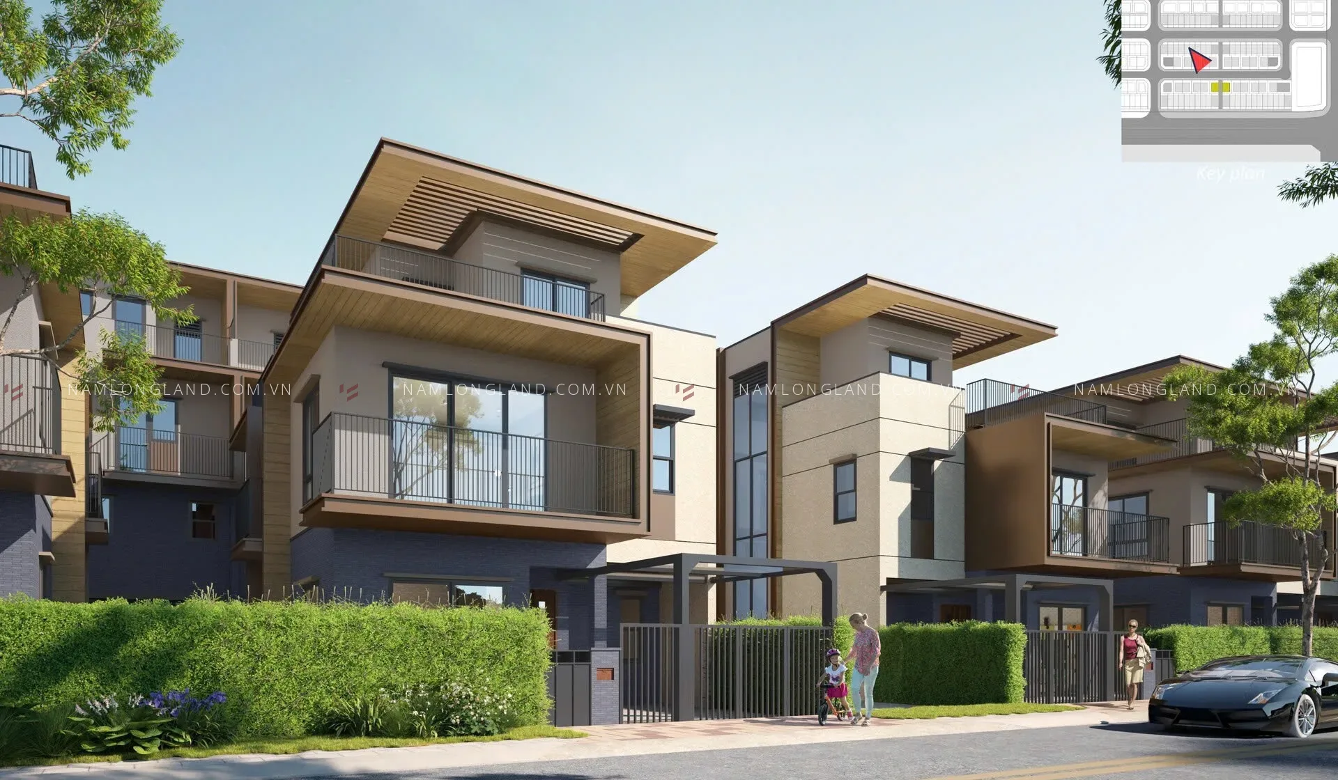 Phối cảnh biệt thự ba tầng có sơ đồ vị trí lô đất trong khu Waterpoint Bến Lức