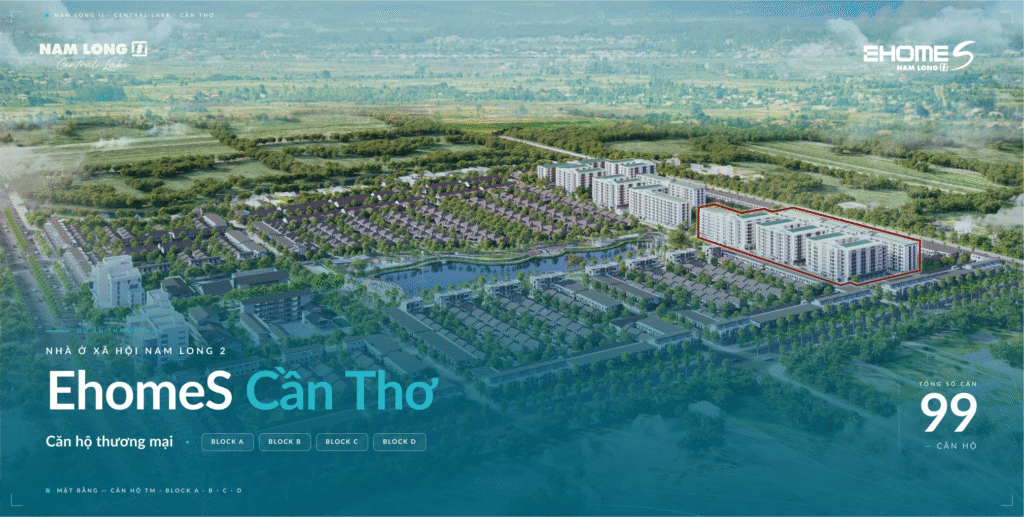 Phối cảnh tổng thể khu đô thị Nam Long II Central Lake với khu căn hộ thương mại EhomeS 99 căn thuộc block A, B, C, D