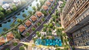Hình ảnh phối cảnh nhà phố ven kênh và hồ bơi nội khu dự án Trellia Vista