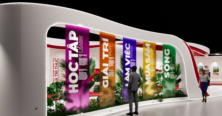 Không gian trưng bày Nam Long Experience 2026 với các banner chủ đề Học tập, Giải trí, Làm việc, Mua sắm, Sống