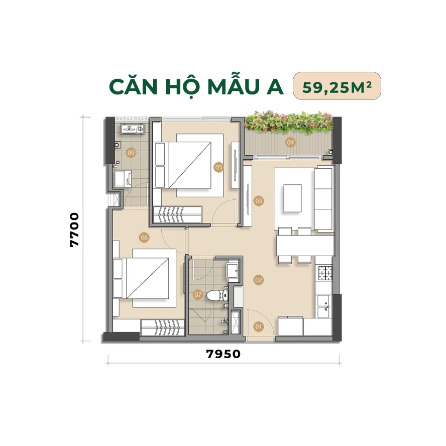 Layout căn hộ mẫu A 59,25 m² dự án Trellia Vista