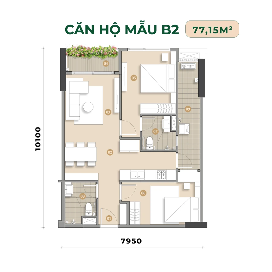 Layout căn hộ mẫu B2 77,15 m² dự án Trellia Vista