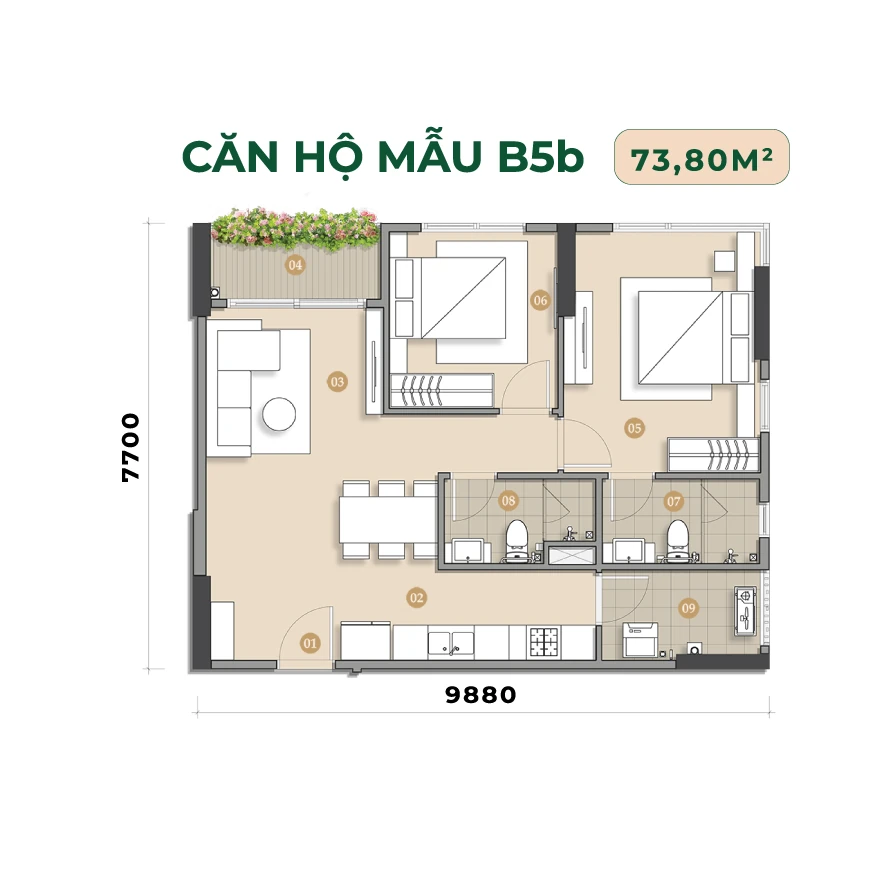 Layout căn hộ mẫu B5b 73,80 m² dự án Trellia Vista