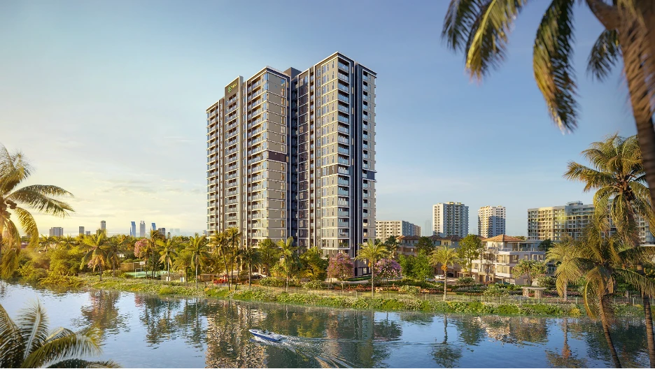 Phối cảnh tòa tháp Trellia Vista tại Mizuki Park nhìn từ mặt kênh nước