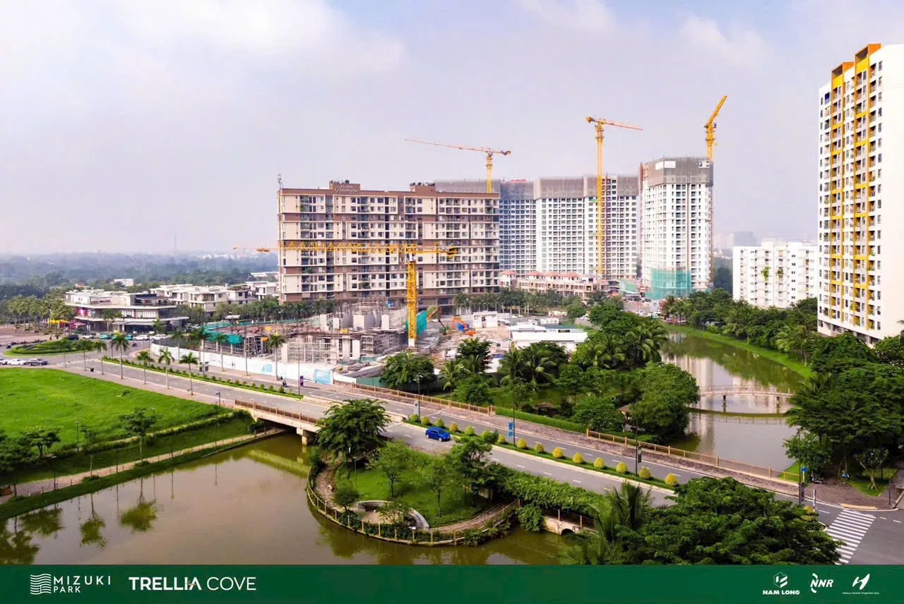Toàn cảnh công trình Trellia Cove bên dòng sông trong khu đô thị Mizuki Park